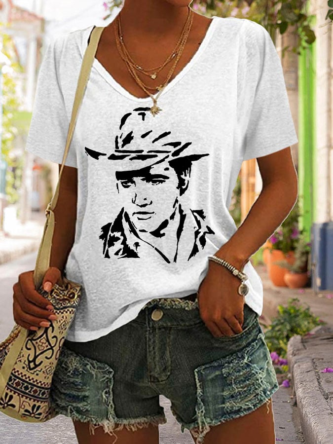 Women's The King Print V Neck Casual T-Shirt