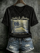 V Neck Retro Jackie & Shadow Est. 2018 Big Bear Lake, California Print T-Shirt