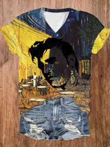 Women's Fun Vintage Oil Painting Silhouettes Print V-Neck T-Shirt