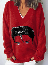 V-Neck Retro King Of Rock Roll Print Sweater