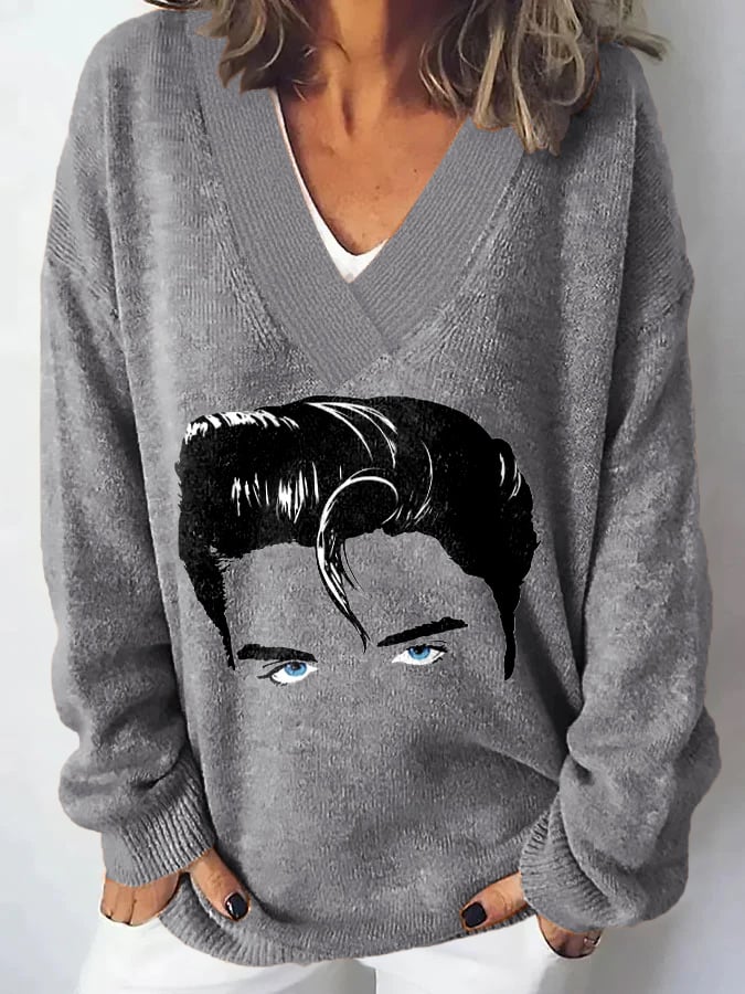 V-Neck Retro King Of Rock Roll Print Sweater