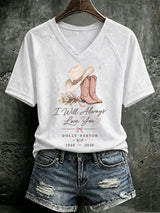 V Neck Retro I Will Always Love You Western Cowgirl Pink Cowboy Boots Print T-Shirt