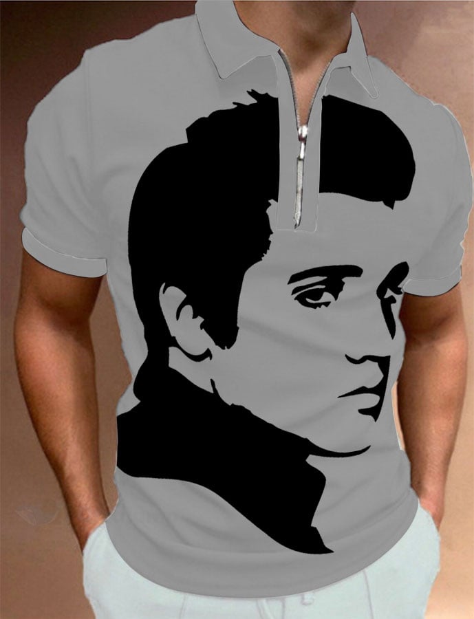 Men's Vintage Music Superstar Printed Zip Polo Shirt