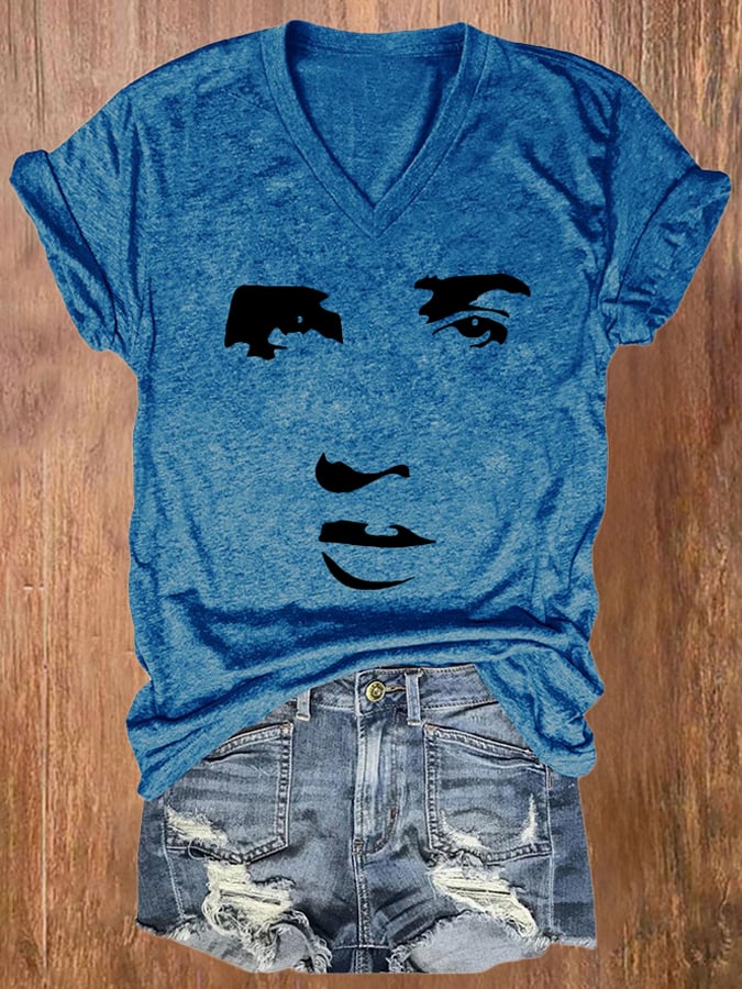 V-neck Retro King Of Rock Roll Print T-Shirt