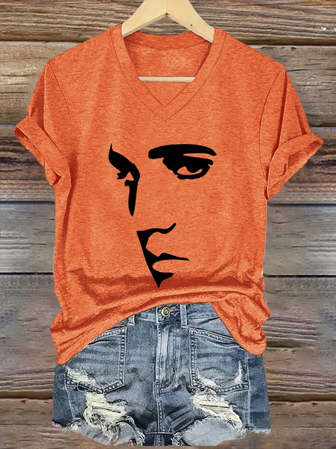 V-neck Retro King Of Rock Roll Print T-Shirt
