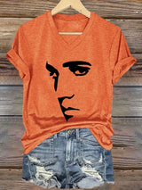 V-neck Retro King Of Rock Roll Print T-Shirt