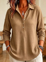 CLEARANCE SALE🔥 Women's Casual Waffle Knit Collared Henley Long Sleeve Shirt