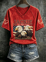 V Neck Retro Jackie The Bald Eagle Print T-Shirt