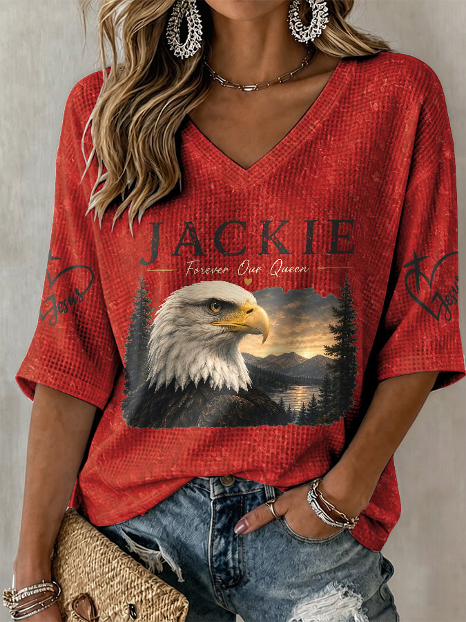 V-Neck Retro Jackie Forever Our Queen Print T-Shirt