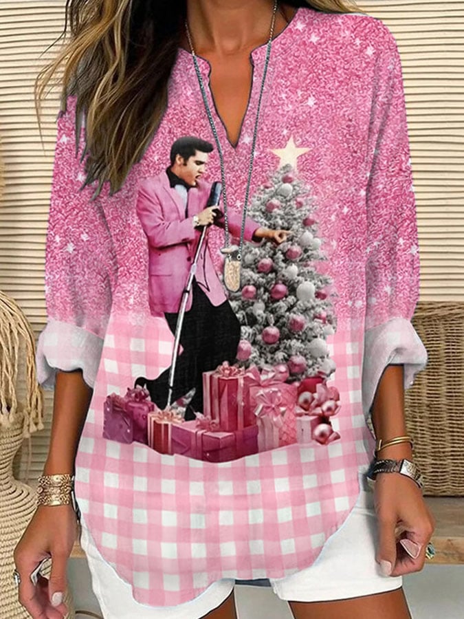 Women's Plaid Gradient Print Linen Blend Cozy Shirt