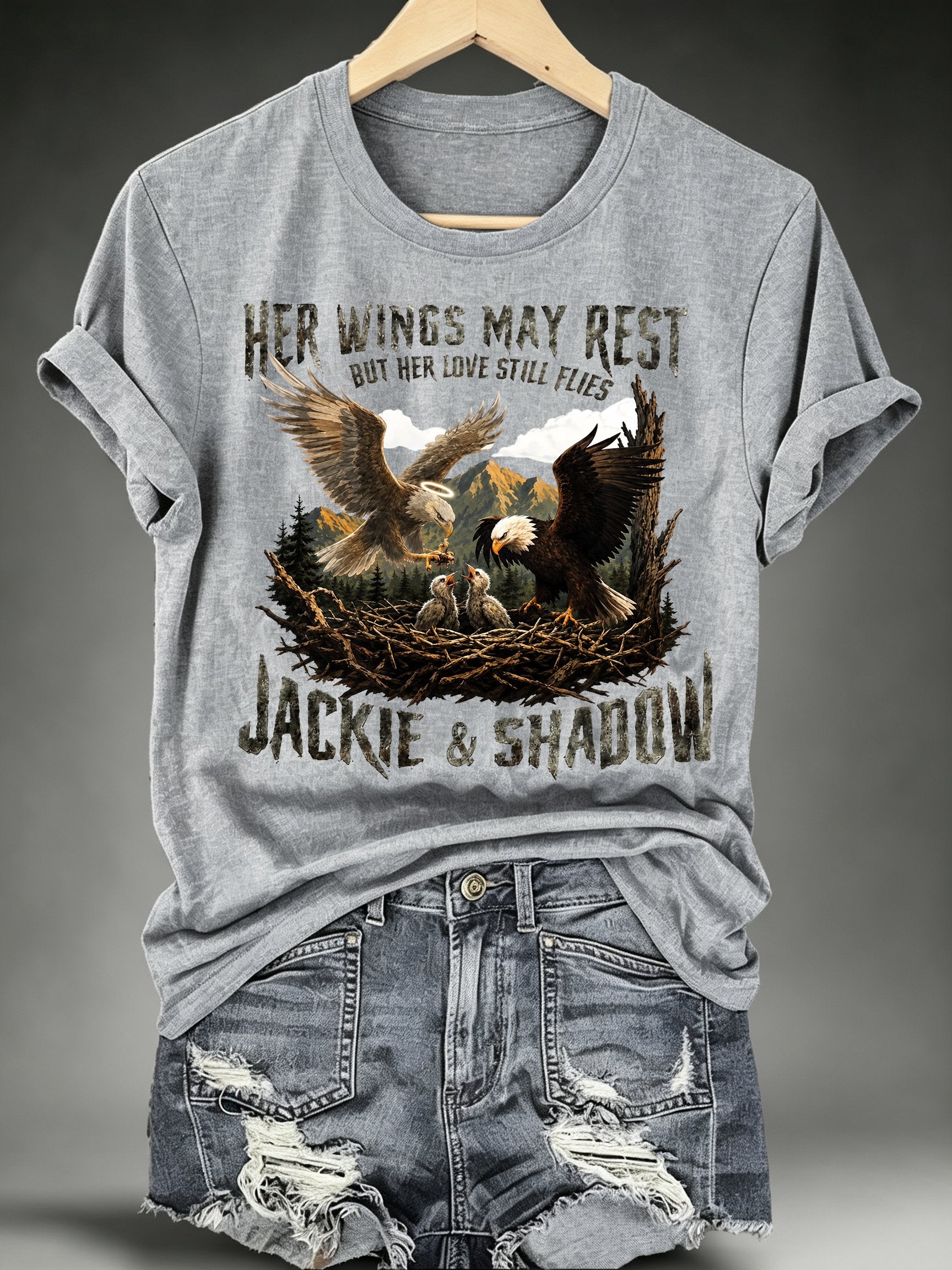 Women's HER WINGS MAY REST Print Crew-Neck T-Shirt