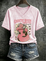 V Neck Retro Country Queen Forever Rhinestone Soul Print T-Shirt