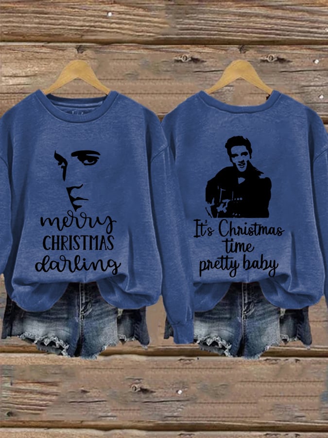 Retro King Of Rock Roll Merry Christmas Print Sweatshirt