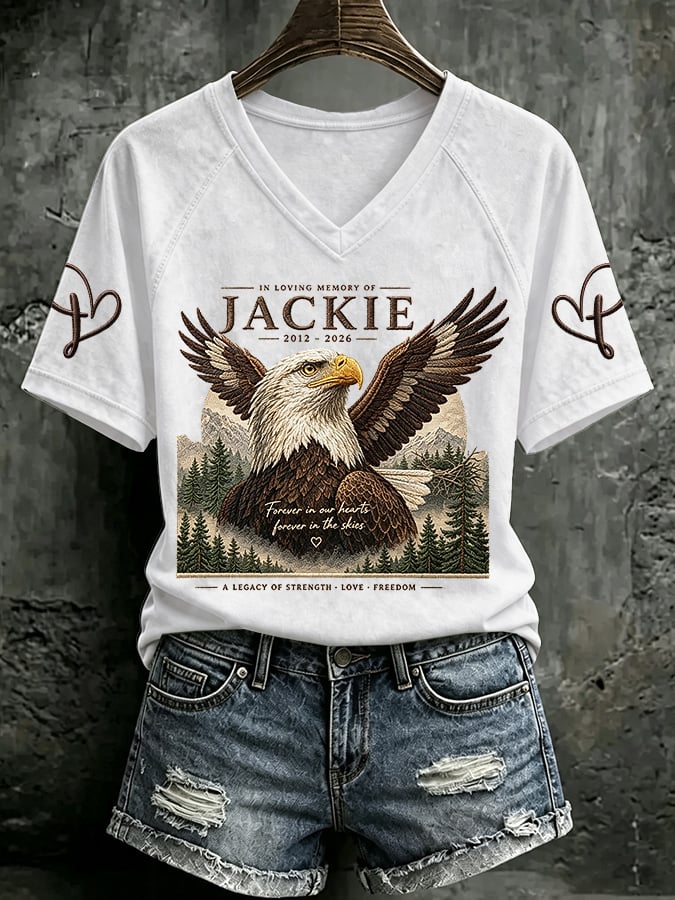 V Neck Retro In Loving Memory Of Jackie 2012-2026 Forever In Our Hearts Forever In The Skies A Legacy Of Strength Love Freedom Print T-Shirt