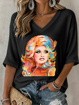 V-Neck Retro Dolly Watercolor Painting Print T-Shirt