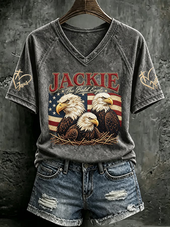 V Neck Retro Jackie The Bald Eagle Print T-Shirt