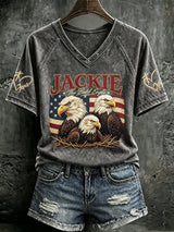 V Neck Retro Jackie The Bald Eagle Print T-Shirt
